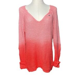 HOLLISTER Womens Medium Pink Coral Ombre Knit Deep V-Neck Beach Sweater Cover Up